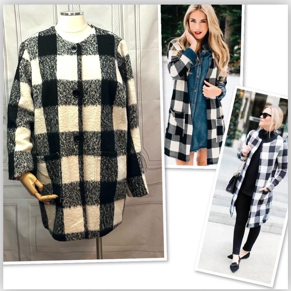 Buffalo Plaid black and white collarless coat by Hazel (EUC)